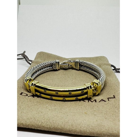 $4,000 David Yurman 14K Yellow Gold Silver Diamond Metro Double Cable Bracelet M - Picture 3 of 8